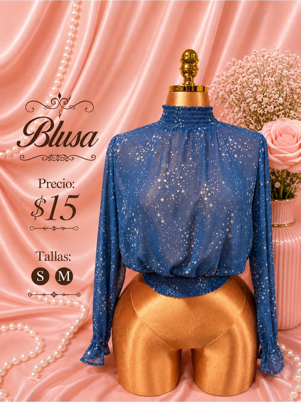 Blue Star Print Neck Blouse - Women S/M